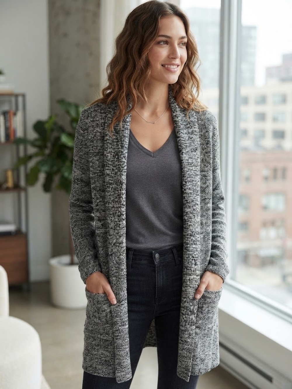 Aritzia Babaton Open-Front Gray Marled Cardigan Wool Cashmere Sweater - #170